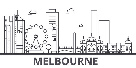 Fototapeta premium Ilustracja panoramę linii Melbourne architektury. Liniowy wektor gród ze słynnymi zabytkami, zabytkami miasta, ikonami projektowania. Edytowalne obrysy
