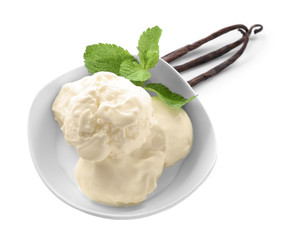 Bowl with delicious vanilla ice cream on white background