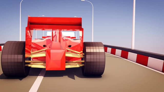 Effective 3d Rendering Of Formula One Autobahn Race. The Sportive Red Car Has Big Back Wheels And Moves Very Fast Turning Slightly Left And Right.