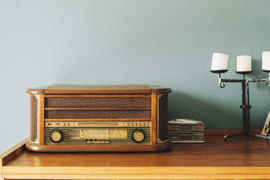 Old-fashioned, retro radio and candles