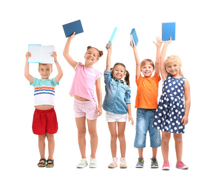 Cute Little Children With Books On White Background