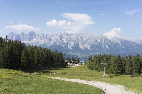 Alpine landscape with mountain Dachstein on Reiteralm, austria