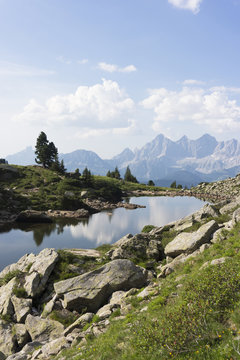 Lake Spiegelsee with mountain Dachstein on Reiteralm, austria