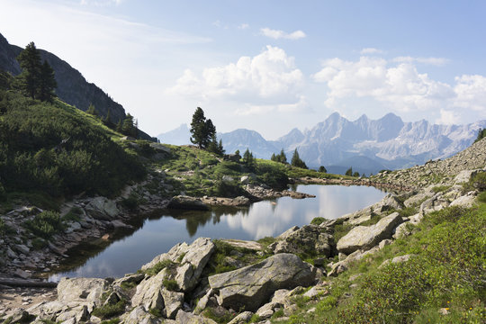 Lake Spiegelsee with mountain Dachstein on Reiteralm, austria