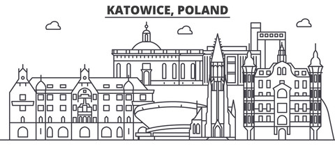 Poland, Katowice architecture line skyline illustration. Linear vector cityscape with famous landmarks, city sights, design icons. Editable strokes