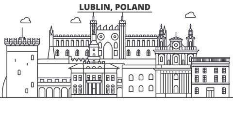 Poland, Lublin architecture line skyline illustration. Linear vector cityscape with famous landmarks, city sights, design icons. Editable strokes - obrazy, fototapety, plakaty