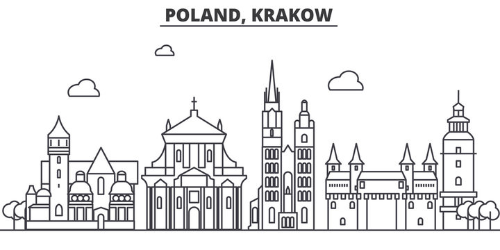 Poland, Krakow architecture line skyline illustration. Linear vector cityscape with famous landmarks, city sights, design icons. Editable strokes