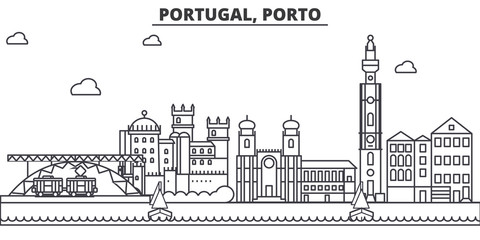 Portugal, Porto architecture line skyline illustration. Linear vector cityscape with famous landmarks, city sights, design icons. Editable strokes - obrazy, fototapety, plakaty
