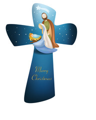 Cross christmas nativity scene with holy family on blue background © melita