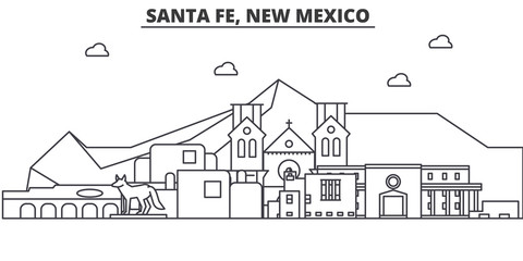 Naklejka premium Santa Fe, Nowy Meksyk architektura linii panoramę ilustracji. Liniowy wektor pejzaż ze słynnymi zabytkami, zabytkami miasta, ikonami projektowania. Edytowalne obrysy