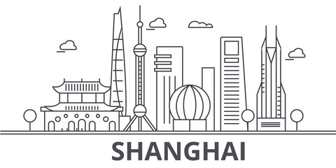 Shanghai architecture line skyline illustration. Linear vector cityscape with famous landmarks, city sights, design icons. Editable strokes