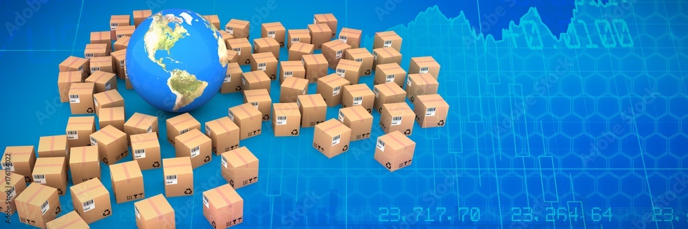 Poster composite image of composite image of globe amidst boxes