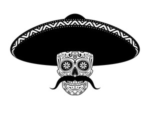 Stencil moustached Sugar skull in sombrero black and white