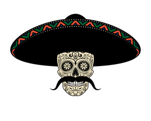 Moustached Sugar skull in sombrero