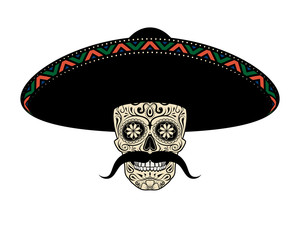 Moustached Sugar skull in sombrero - obrazy, fototapety, plakaty