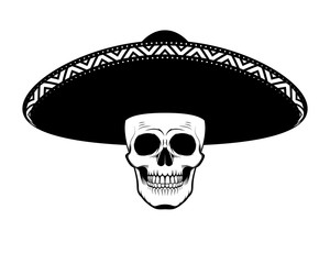 Stencil skull in sombrero black and white