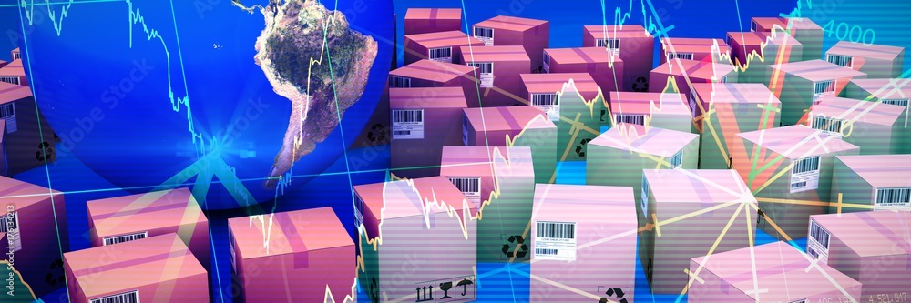 Poster composite image of digital composite image of boxes with globe