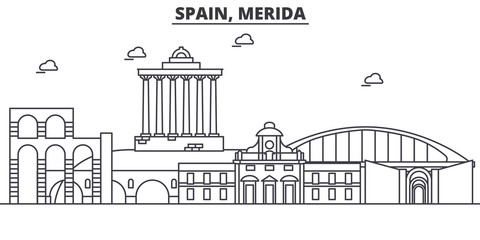 Spain, Merida architecture line skyline illustration. Linear vector cityscape with famous landmarks, city sights, design icons. Editable strokes - obrazy, fototapety, plakaty