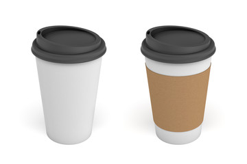 3d rendering of two white paper coffee cups with black lids, one clear white and white with a brown stripe.