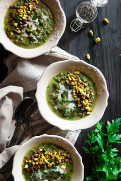 Broccoli, Chicory, Chard Soup With Lentils And Pistachio Nut Topping