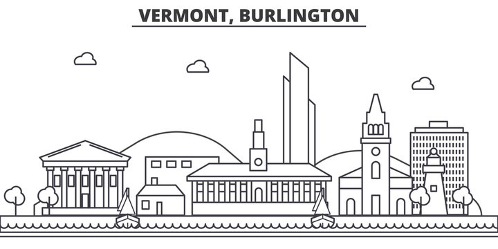Vermont, Burlington architecture line skyline illustration. Linear vector cityscape with famous landmarks, city sights, design icons. Editable strokes