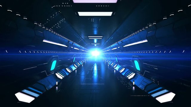 Impressive 3d rendering of a dark blue tunnel with sparkling surface and light blue illuminators. The fast ride goes though it making an optical art effect. 