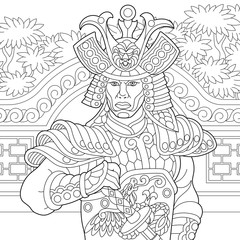 Fototapeta na wymiar Coloring page of japanese samurai with katana sword. Freehand sketch drawing for adult antistress coloring book in zentangle style.