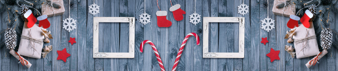 Christmas banner with gifts and photo frames