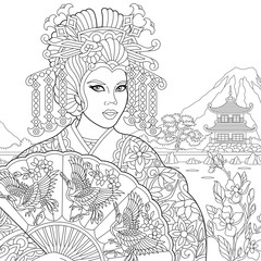 Coloring page of geisha (japanese dancing actress) holding paper fan with crane birds. Freehand sketch drawing for adult antistress coloring book in zentangle style.
