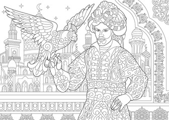 Coloring page of ottoman sultan and falcon bird. Islamic filigree decor, arabic mosque, moon and stars on the background. Freehand sketch drawing for adult antistress coloring book in zentangle style.