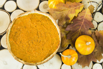 pumpkin pie for Thanksgiving. Top view. Flat lay