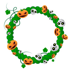 Vector round frame for Halloween holiday of green plant with skulls and pumpkins. Vector illustration with place for your text isolated on white background