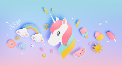 Unicorn in paper art style with various cute icons and pastle scheme