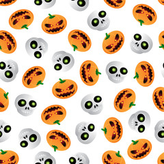 Vector cartoon skull and pumpkin seamless pattern on white background. Vector illustration to Happy Halloween holiday.  Can be used for printing on textile, pattern fills, textures or gift wrap