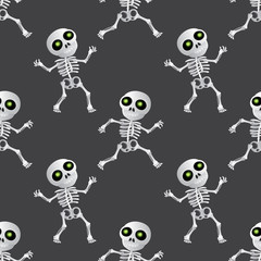 Happy cartoon skeleton seamless pattern on dark grey background. Vector illustration to Happy Halloween holiday or Day of the Dead (Dia de Muertos)