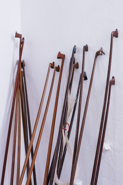Violin bows in a repair shop