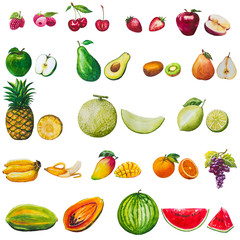 Fruits seamless pattern. A set of elements painted in watercolor. Background of fresh falling mixed fruits. Healthy food.Fruits on a white background isolated with clipping path.