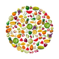 Combine the fruits in the shape of a circle. A set of elements painted in watercolor. Healthy food.