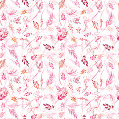 Romantic watercolor pink branch and flowers collection seamless pattern