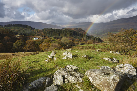 Rainbow over Hafod Gwenllian. Snowdonia, Wales, UK.