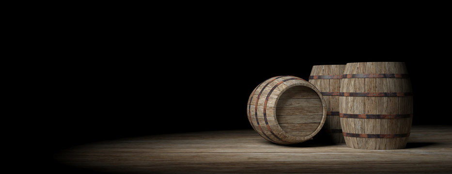 Wooden barrels on dark background. 3d illustration