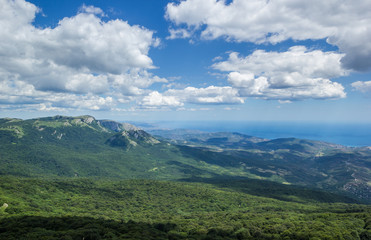 Clouds above Sea Mountain Sky Crimean Peninsula Green Trees Summer Landscape