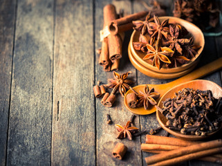 Aromatic spices on the wooden table