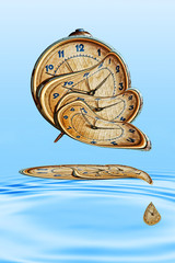 Surreal Alarm clock transforming and thawing in blue water ripples.