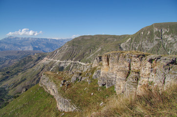 Scenic mountain summer landscape of exceptional beauty. Caucasus Mountains. It is situated at an altitude of 1800 m above sea level. Nature and travel. Russia, Dagestan, Khunzakh region, Matlas