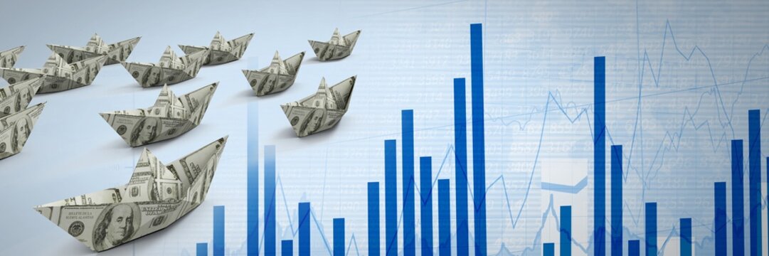 Group of money dollar Paper boats on bar chart statistics