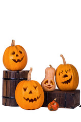 Halloween pumpkin, four funny faces, isolated on white background