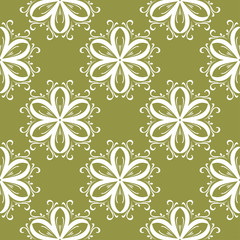 White flowers on olive green background. Ornamental seamless pattern