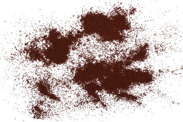 Pile of powdered, instant coffee for espresso isolated on white background, top view