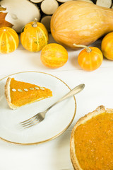 a slice of American pumpkin pie on Thanksgiving Day, decorated with pumpkin seeds. on a white table